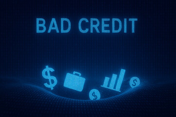 A digital representation of bad credit, featuring icons like money, a briefcase, and a graph on a blue background. This image highlights financial challenges.