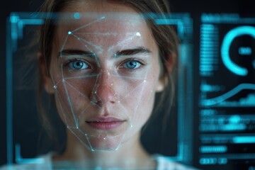 Futuristic technology interface with a woman analyzing data on transparent screen