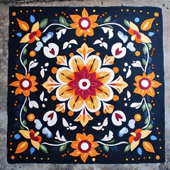 Vibrant floral pattern design on dark background.