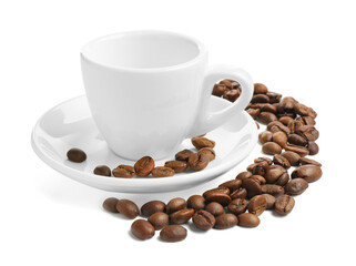 Ceramic cup with roasted coffee beans isolated on white