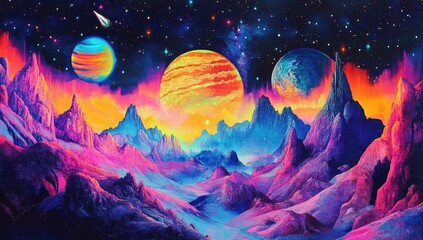 Fototapeta premium Vibrant, otherworldly landscape with vibrant planets and fiery mountains against a starry night sky