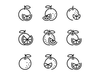 Nine simple line art illustrations of oranges and orange slices.