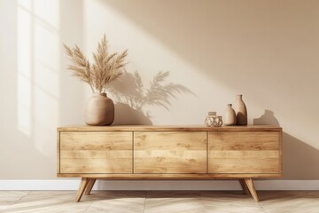 Wooden cabinet with vase and decor on white background