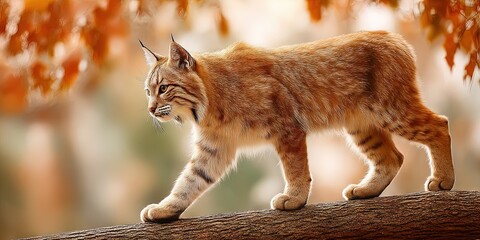 vivid, bright image of majestic bobcat walking on tree branch. Bright and colorful photo. 