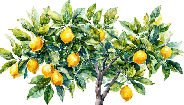 a vibrant watercolor painting depicts a lemon tree laden with ripe, golden fruit and lush green foliage.