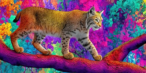 vivid, bright image of majestic bobcat walking on tree branch. Bright and colorful photo. 