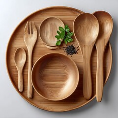 Minimalist bamboo plate and utensils design high resolution picture