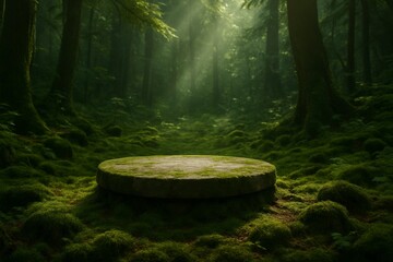 Mossy stone platform in a green forest with light rays shining through the trees, creating a natural and tranquil scene