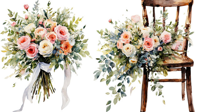 a watercolor illustration depicts a lush bouquet of roses and eucalyptus alongside a vintage wooden chair adorned with a similar floral arrangement.