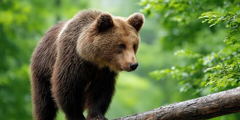 Obraz premium vivid, bright image of majestic brown bear walking on tree branch. Bright and colorful photo. 