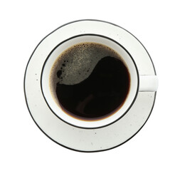 Aromatic coffee in cup isolated on white, top view