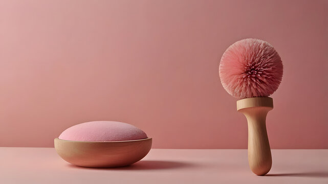 Artistic still life display of pink spherical objects on a pastel pink background with wooden accents - Powered by Adobe