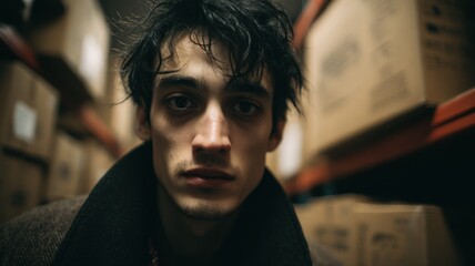 Portrait of a Young Man with Greasy Black Hair in a Warehouse Surrounded by Boxes Contemplating Life