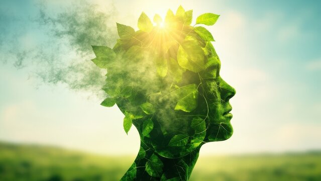 Profile of a man's head covered in green leaves and mist, against a backdrop of a green field and blue sky. Concept of ecology, nature, and the connection between humans and the environment.