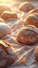 Freshly baked artisan bread loaves on soft cloth at sunrise