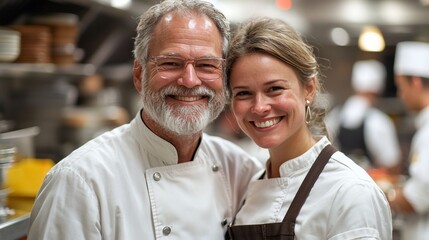 Two smiling chefs, a man and a woman, pose together in a busy kitchen