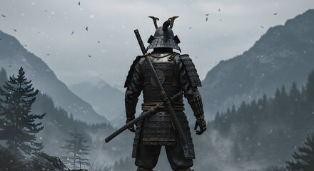 Samurai Warrior in Snowy Mountains