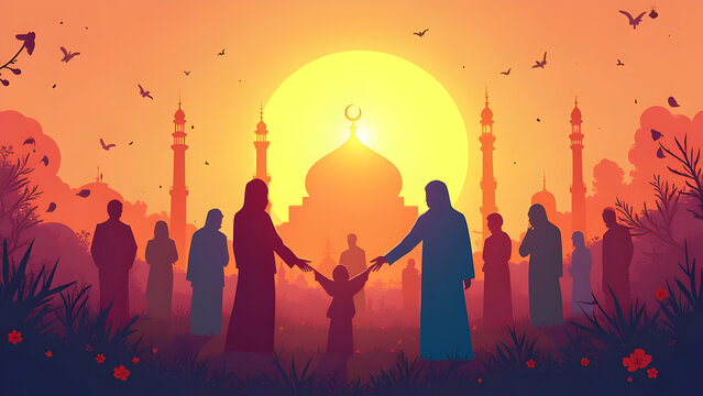 Muslim people celebrate eid mubarak greetings and enjoying 