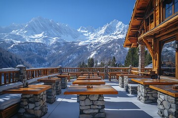Cozy alpine terrace with mountain backdrop high resolution picture