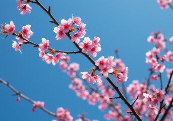 Obraz premium Delicate Pink Blossoms Against Azure Sky - Stunning of vibrant pink cherry blossoms in full bloom against a clear blue sky. Perfect for spring themes