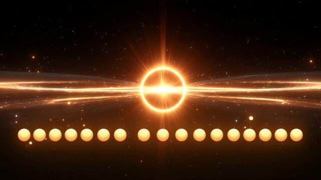 a celestial body glowing, surrounded by golden spheres in the vastness of space, radiating an aura of light