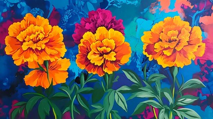 Vibrant floral composition of marigold blossoms in bold colors.