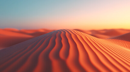 Naklejka premium Serene Desert Vista: Warm Sunset Light Over Rolling Sand Dunes Creating a Peaceful and Tranquil Natural Scene.