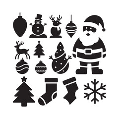 Traditional Christmas Silhouettes Collection – Santa, Reindeer, Snowman, Ornaments & Holiday Icons in Minimalist Black and White
