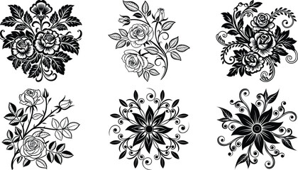Elegant Floral Ornament Set with Black and White Blossoms