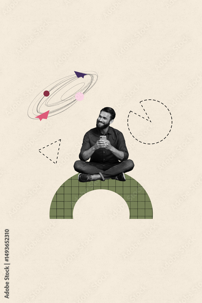 Poster creative collage of person sit use phone geometry figure with dotted graphs messy lines in a pastel 