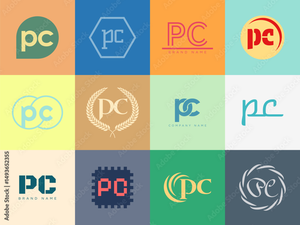 Fototapete pc logo company template. letter p and c logotype. set different classic serif lettering and modern 