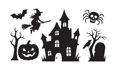 Halloween Silhouette Set – Haunted House, Witch, Pumpkins, Bats, Ghosts, and Creepy Elements Vector Art on White Background