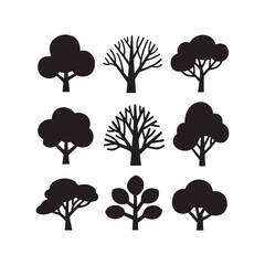 Tree Silhouettes Set – Black and White Stylized Botanical Vector Icons