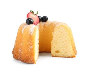Tasty bundt cake with powdered sugar and berries isolated on white