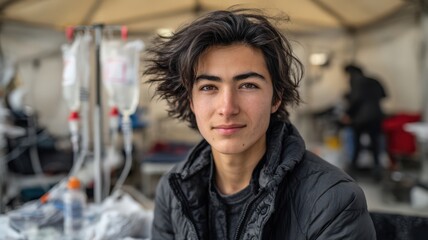 Portrait of a Young Street Medic Boy with Tousled Black Hair Sitting in a Tent During Emergency Care