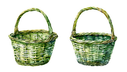 Obraz premium a watercolor painting depicts two empty woven baskets with handles against a white background.