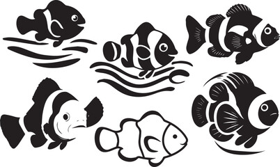 Collection of black and white clownfish silhouettes swimming