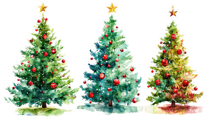 Fototapeta premium a watercolor painting depicts three decorated christmas trees, each adorned with red ornaments and topped with a golden star, set against a white background.