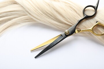 Hair lock and scissors on white background, above view