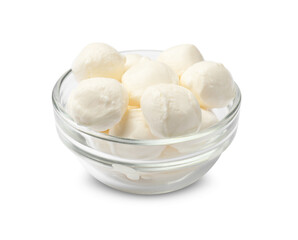 Tasty mozzarella cheese balls in bowl isolated on white