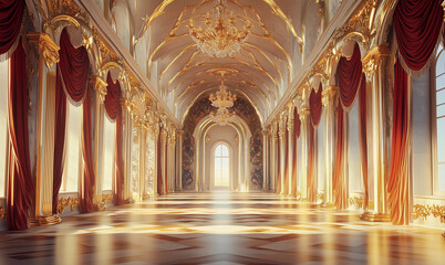 Obraz premium Baroque Style Gilded Ballroom with Arches and Silk Wallpaper. Ornate Architectural Background for Design, Presentation, or 3D Projects – Extreme Long Shot