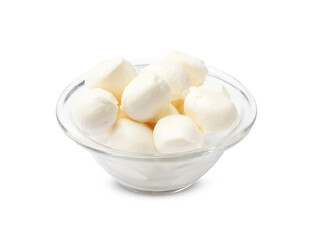 Tasty mozzarella cheese balls in bowl isolated on white