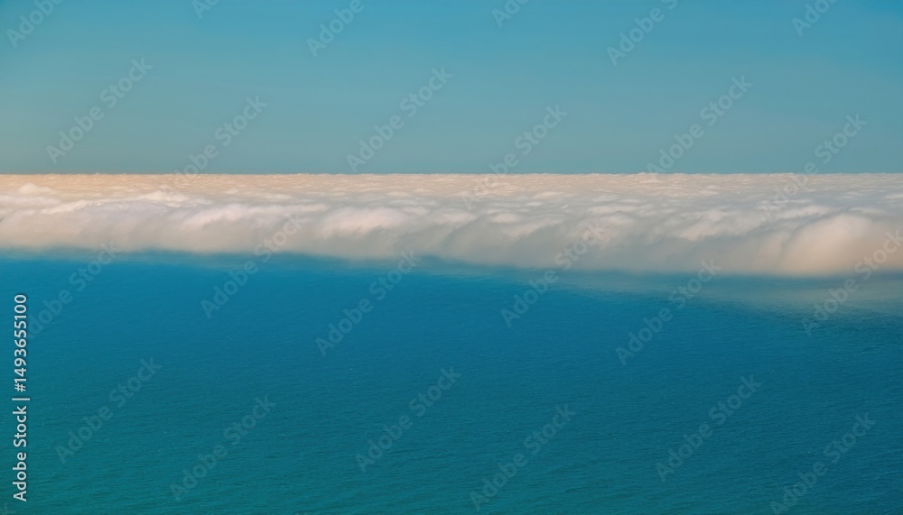 Poster aerial view of ocean surface blending into low coastal fog under clear blue sky for web design, natu