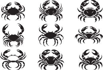 Collection of black silhouette crab designs seafood illustrations