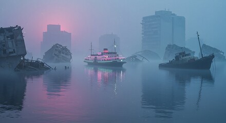Naklejka premium Ferry Navigating Flooded City Ruins in Foggy Weather
