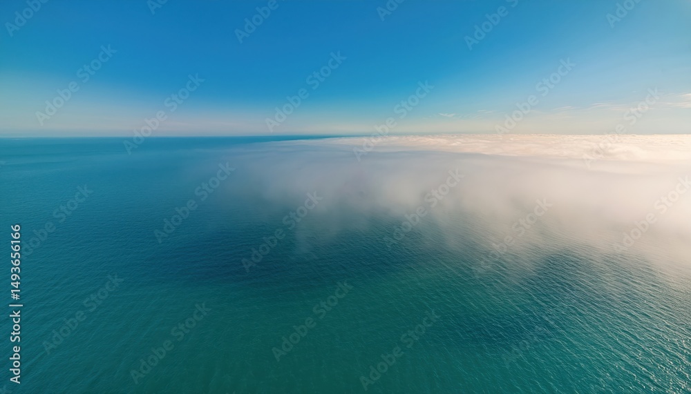 Poster aerial view of ocean surface blending into low coastal fog under clear blue sky for web design, natu