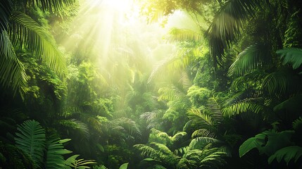 Lush tropical forest bathed in sunlight beams.