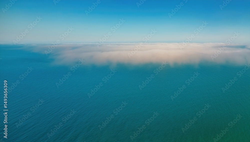 Poster aerial view of ocean surface blending into low coastal fog under clear blue sky for web design, natu