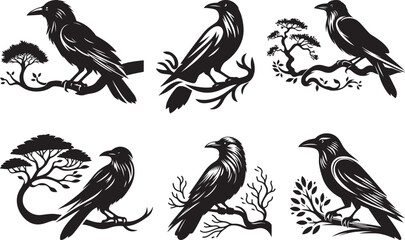 Six silhouettes of crows perched on branches of trees