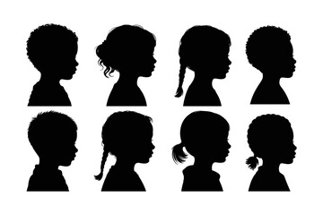 Diverse Children Silhouette Vector Set Kids Profiles Side View